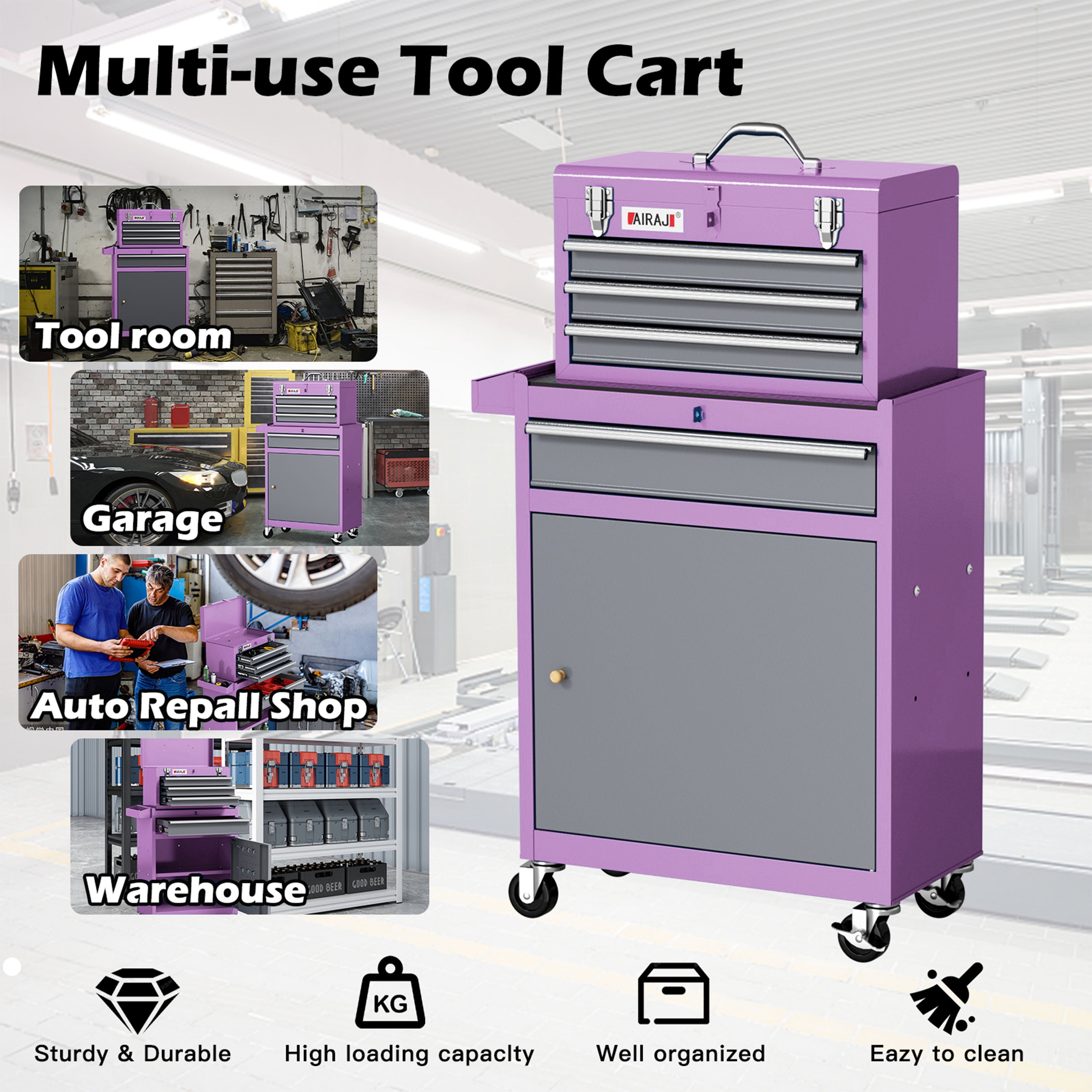 AIRAJ 40" Rolling Tool Cabinet with 4 Drawers, Heavy Duty Metal Tool Chest with Detachable Top Box, Lockable Mobile Storage Organizer for Mechanic, Garage & Professional Workshop (Purple)