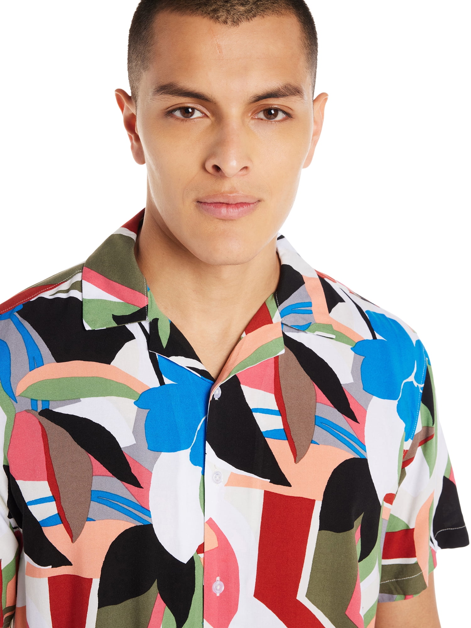 No Boundaries Men's Print Button Up Shirt with Short Sleeves, Sizes XS-3XL