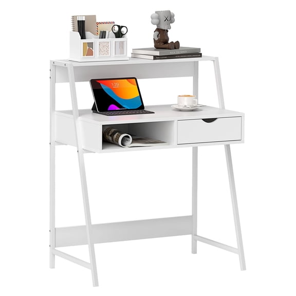Home Office Desk with Drawer & Shelves, Small Computer Study Table, White