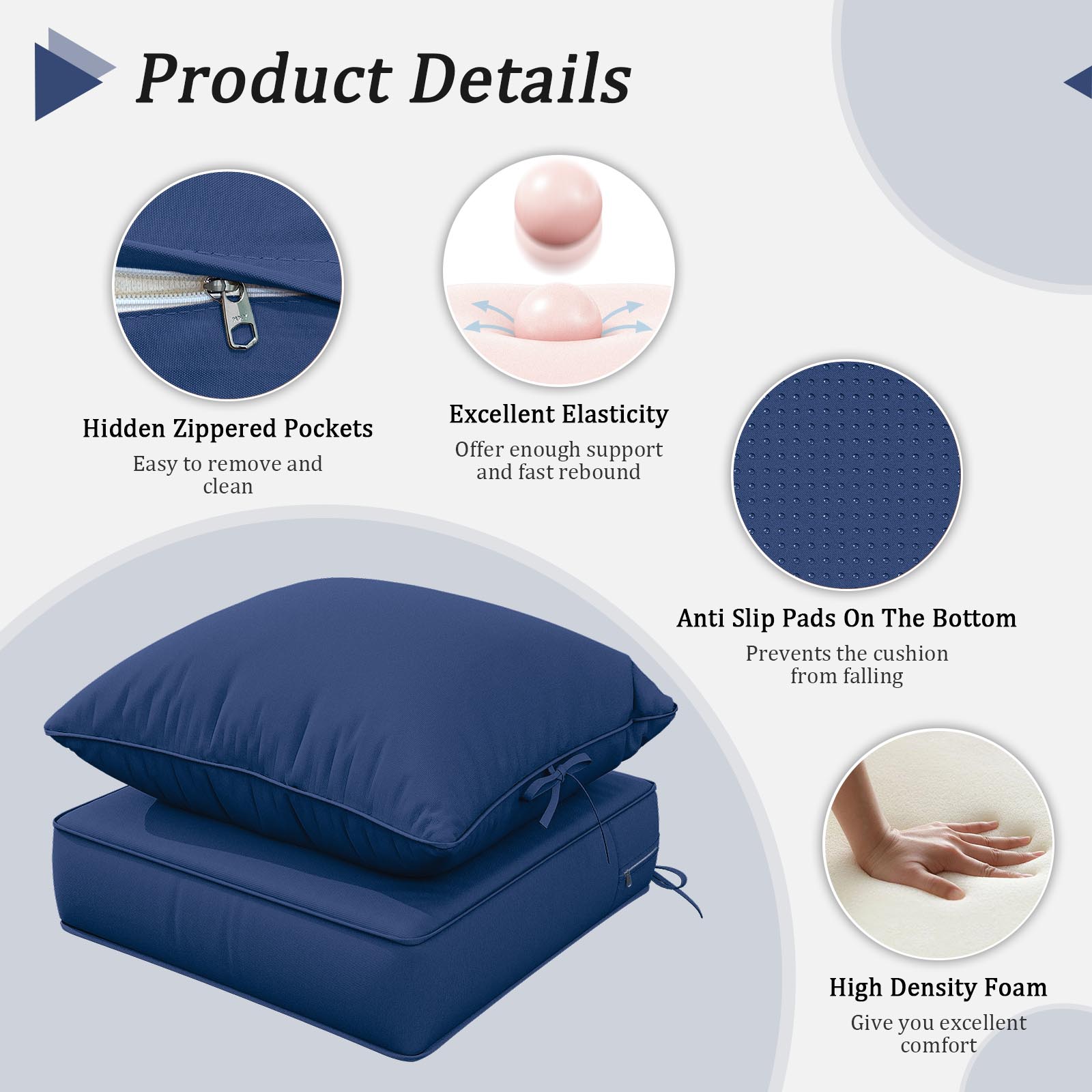 Snubbull Outdoor Deep Seat Cushion Set 24 X 24 X 6.5 Inch Splash-Proof & Fadeness Patio Furniture Cushions，Removable Outdoor Couch Cushions with Hidden Zipper & Adjustment Staps，Blue