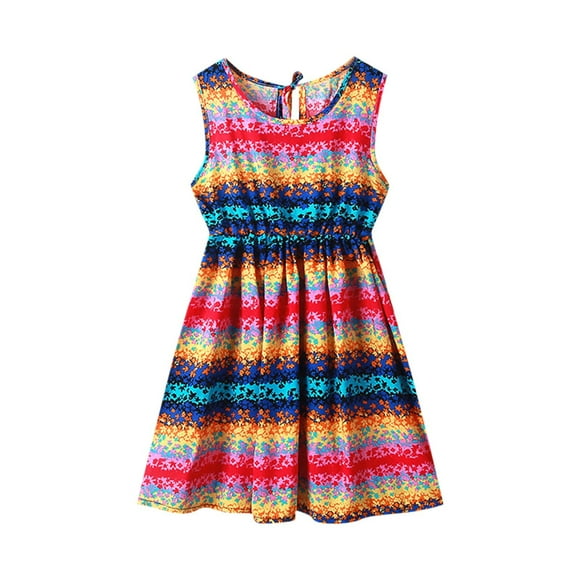 Girls Summer Sleeveless Dress Tropical Print Skater Dresses