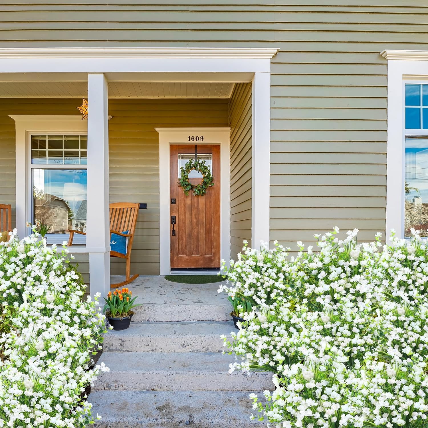 Artificial Flowers for Outdoors 24 Bundles UV Resistant Boxwood Shrubs Artificial Eucalyptus Fake Plants Faux Plastic Greenery for Farmhouse Garden Home Indoor Outdoor Decoration（White）