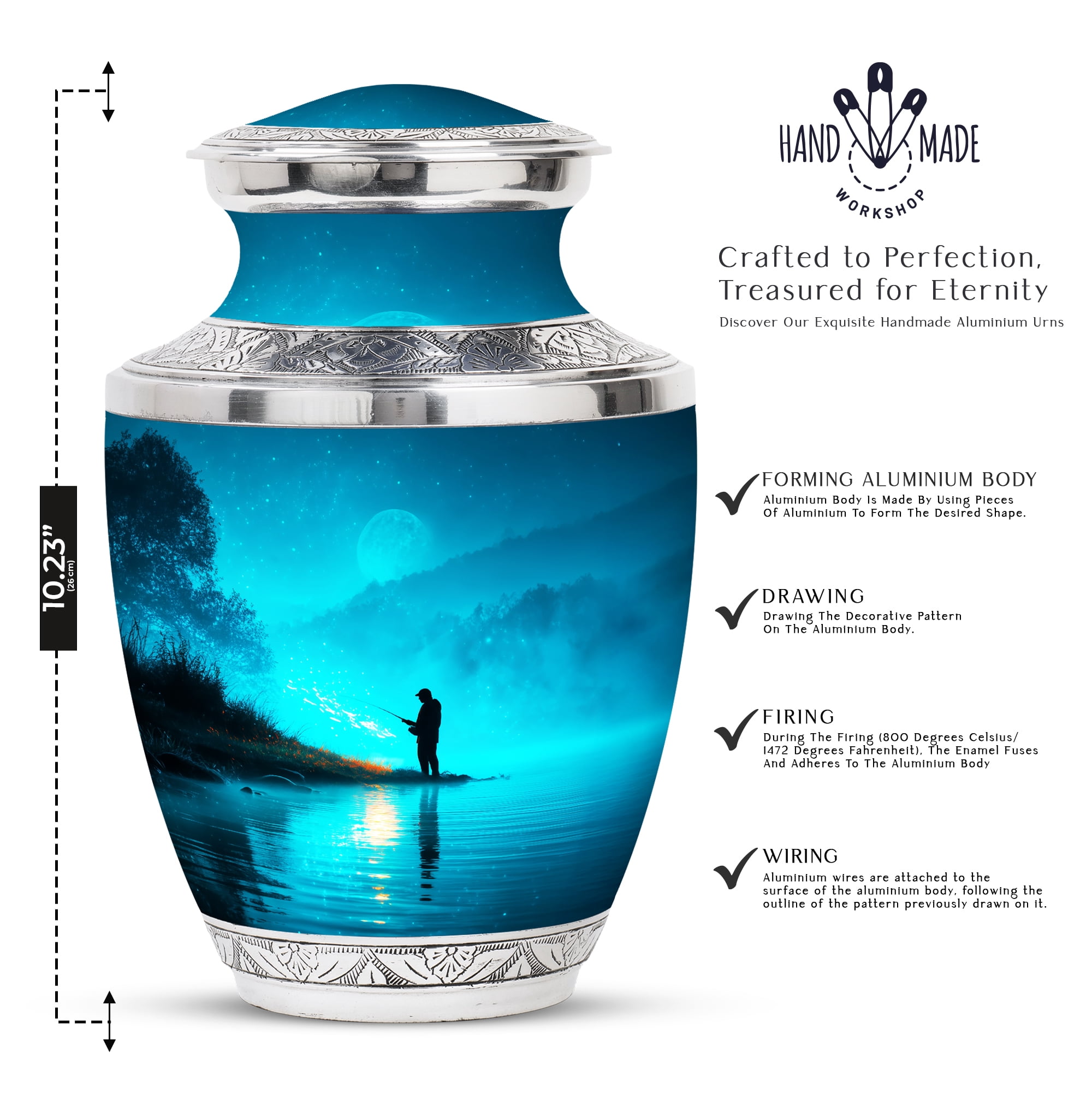 MUKTIVE Fishing Silhouette Large Cremation Urns for Human Ashes - Blue, Evening Burial Urn for Adult Human Ashes - Decorative Cremation Containers - Remembrance Gift for Loss of Mom (10 Inch)