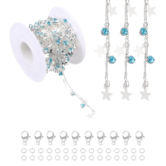 Uxcell 16.4Ft Star Rhinestone Chain Roll, Jewelry Making Chain Links Bulk with Lobster Claps Jump Rings for Jewelry Making Findings DIY Craft Necklace Bracelets, Silver Tone(Blue)