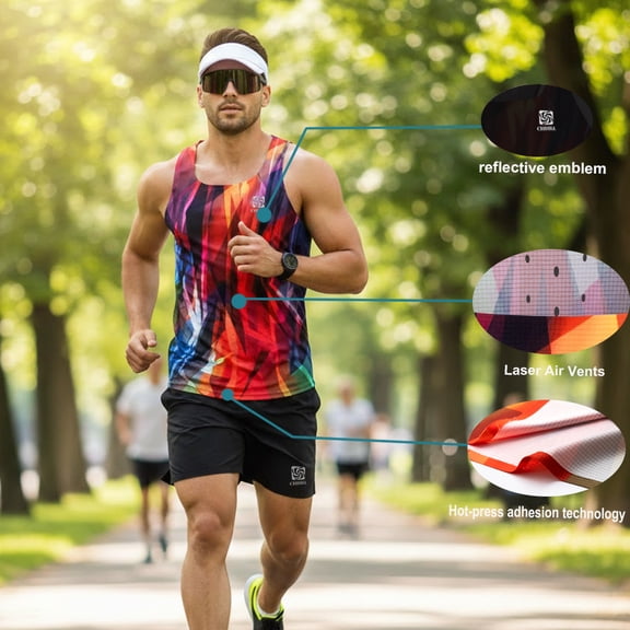 Original lightweight Men's running singlet, heat-pressed design, breathable, reflective markings