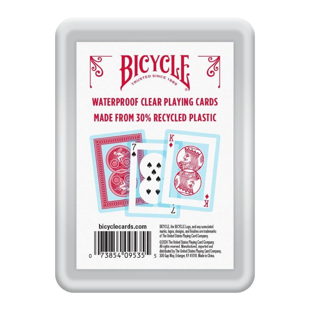 Bicycle Waterproof Clear Playing Cards - 6-Pack of Red Rider Back Plastic Decks, 30% Recycled Material, Rinseable, Perfect for Pool, Beach, Camping & Party Games