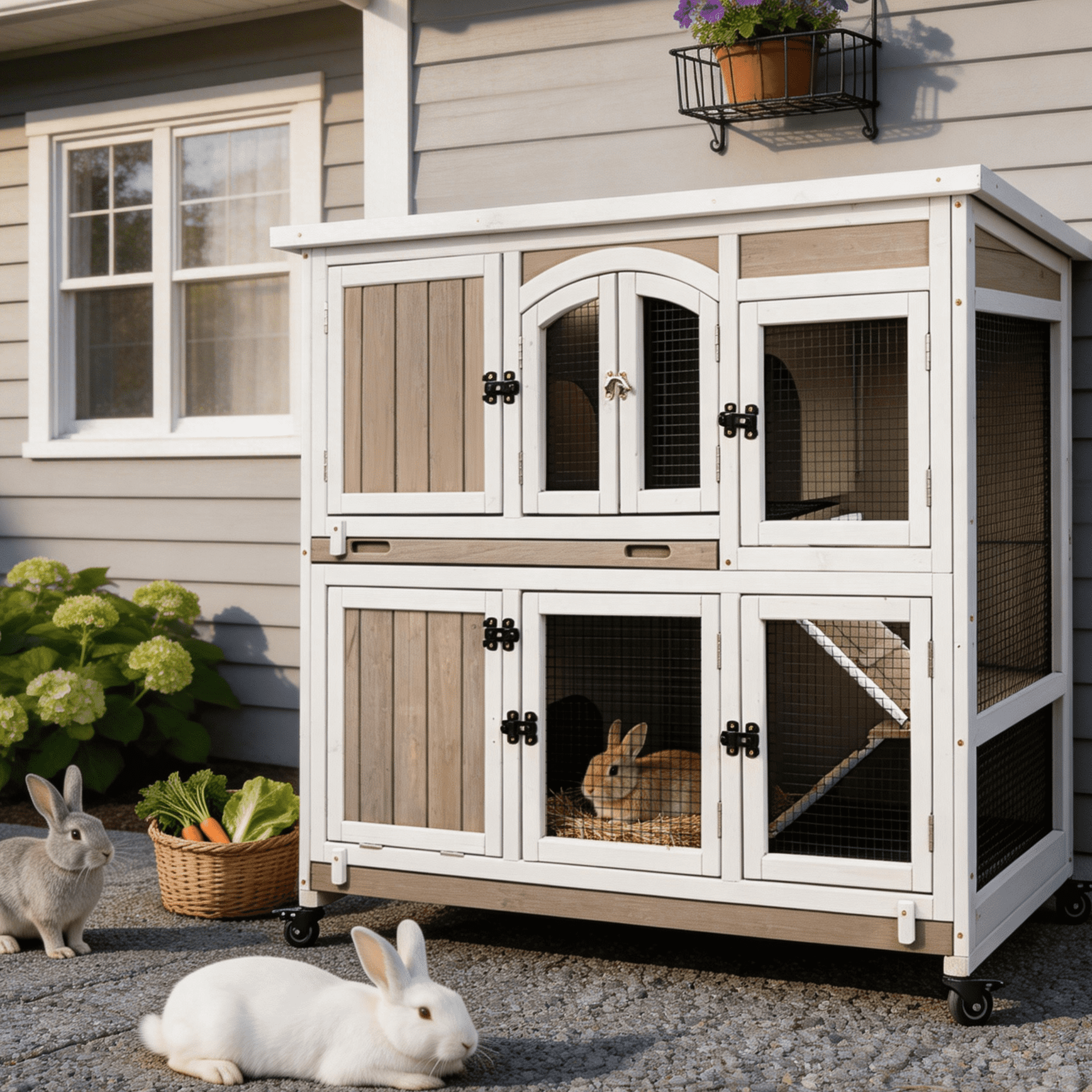 PETSCOSSET 47"L Rabbit Hutch Indoor Wooden 2 Story Rabbit Large Bunny Hutch Outdoor Bunny Cage on Wheels