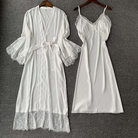 Silk Lace Robe Dress Nightgown Sleepwear - Casual and Sexy Lingerie for Women - Long Sleeve - Polyester Material