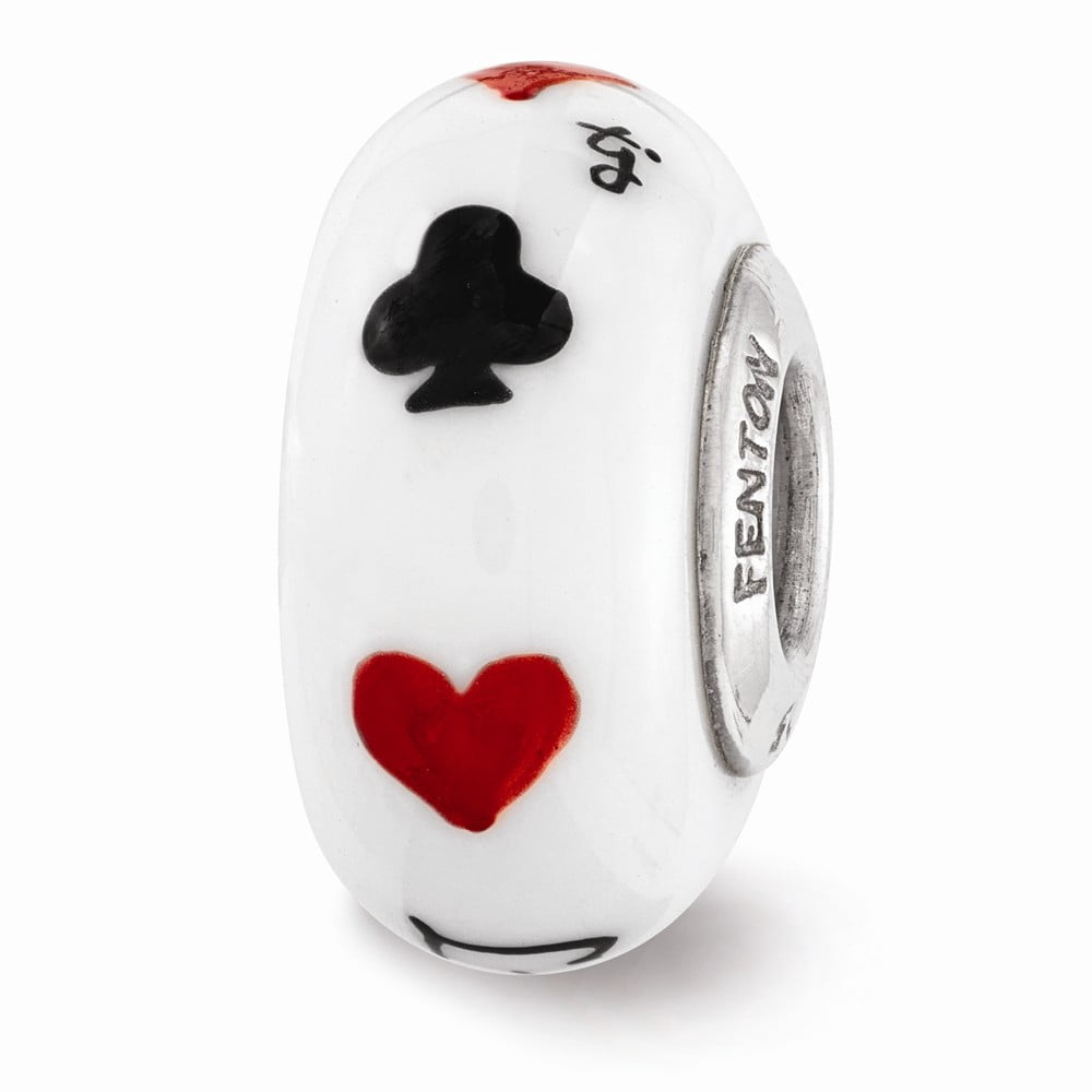 Ster.Silver Reflections White Hand Painted Lucky Suit Fenton Glass Bead; for Adults and Teens; for Women and Men