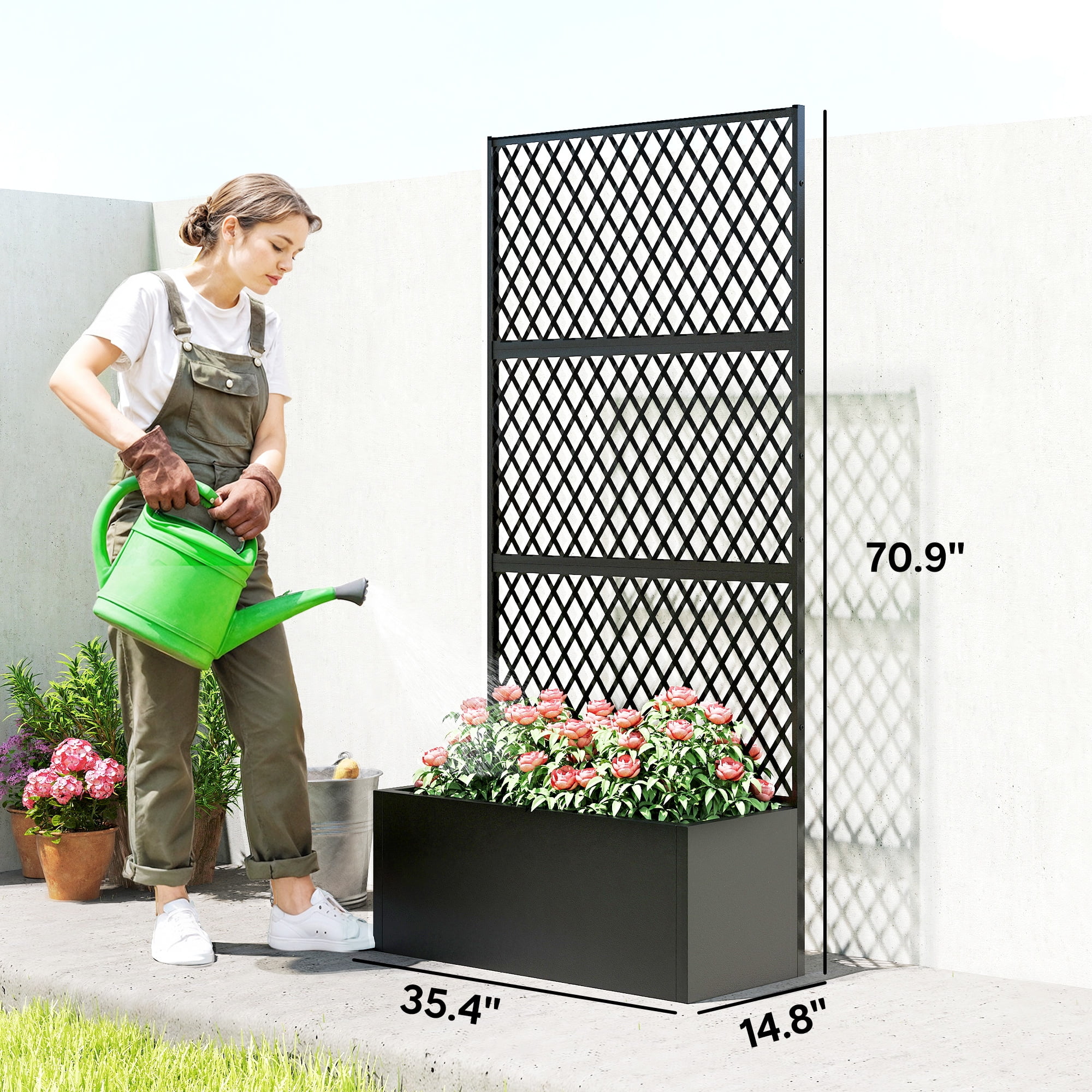Outsunny Metal Planter Box with Trellis, Raised Garden Bed with Trellis Privacy Screen for Climbing Plants, Diamond Lattice Privacy Planter