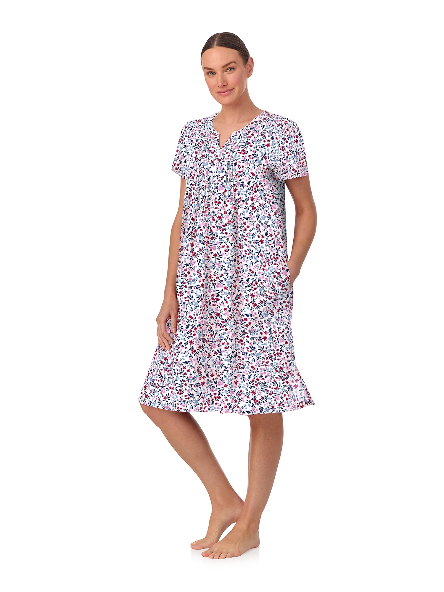 Aria Women’s Short Sleeve Split Neck Brushed Jersey Nightgown, Sizes XS-5X
