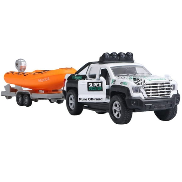 Camioneta Remolque Remolque Lancha rápida Juego 2 en 1 Coche modelo fundido a presión Coches de juguete de metal 1/36 Vehículo todoterreno Caja de arena al aire libre Juego de aventuras Puertas Luz ab