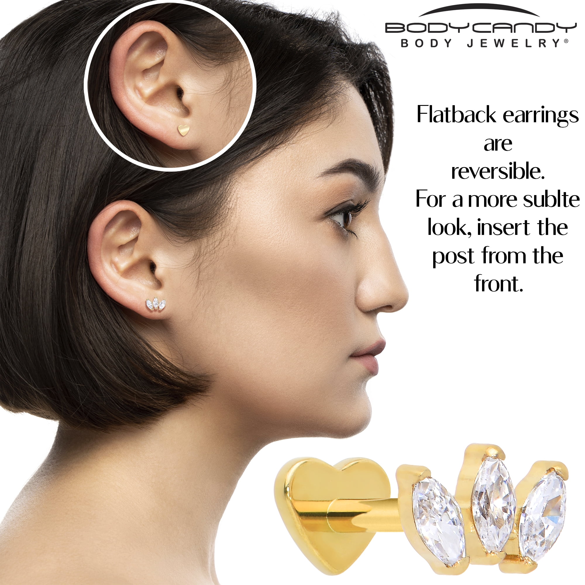 Body Candy Flat Back Cartilage Earring - 18 Gauge 1/4 14k Gold Plated ASTM Titanium Trio Reversible Heart Threadless Stud Earring for Cartilage, Conch, Helix, Labret, Tragus, Monroe