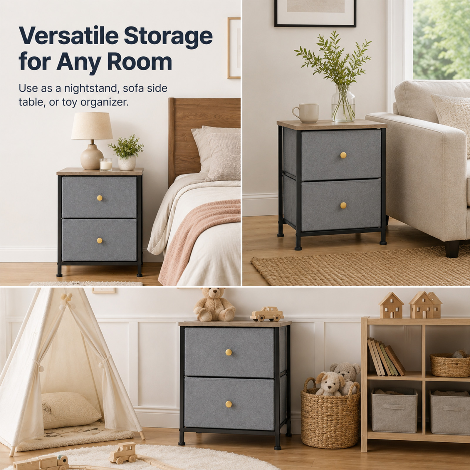 Alvantor Nightstand with 2 Storage Drawers, Small Bedside Table, Small Dresser with Sturdy Wooden Top for Daily Essentials, Compact Nightstand for Bedroom and Small Spaces