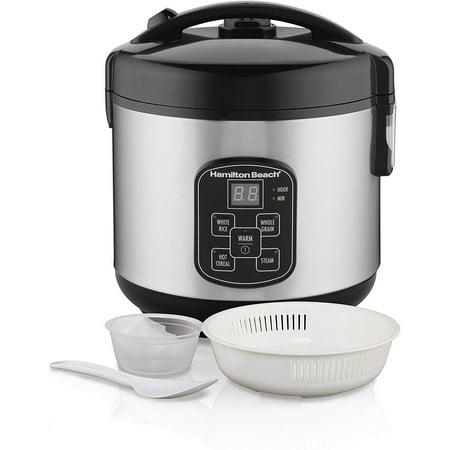 Hamilton Beach Digital Programmable Rice Cooker & Food Steamer  8 Cups Cooked (4 Uncooked)  With Steam & Rinse Basket  Stainless Steel (New Open Box)