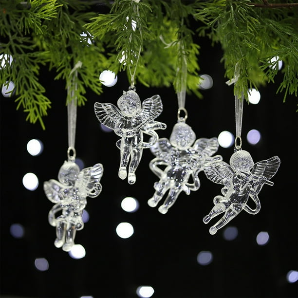 Adorno Navideño: Colgante de Copo de Nieve Acrílico | Diseño Transparente Del Santo Mensajero | Paquete de 4 | Tamaño: 8 X 6 X 2 Cm
