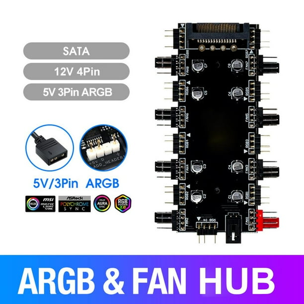 Ventilador ARGB de 5 V/3 pines PWM HUB Divisor de 1 a 8 puertos para placa base de PC (SATA)