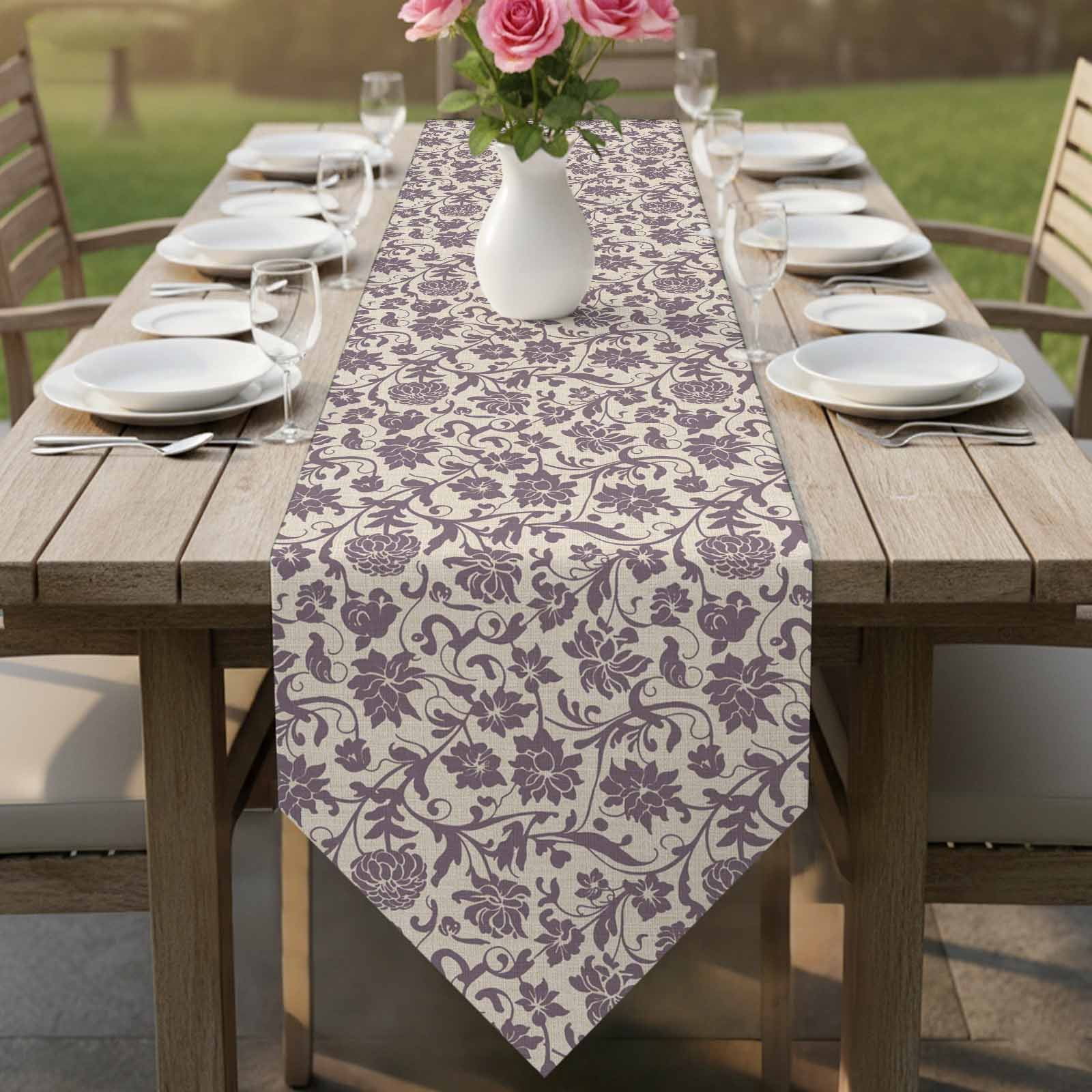 Purple Floral Table Runner Linen Burlap Table Runner 36 Inches Small Spring Plants Flowers Vintage Rustic Dresser Scarves for Kitchen Island Coffee Dining Party Wedding Banquet Holiday Decor 13"x36"