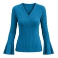 thumbnail image 4 of CQONEPT Womens Ribbed Knit Bell Sleeve Tops Plain Slim Fit V Neck Blouses Dressy Casual Going Out Shirt Tees Daily Wear Work Office Fall Outfits M, 4 of 7