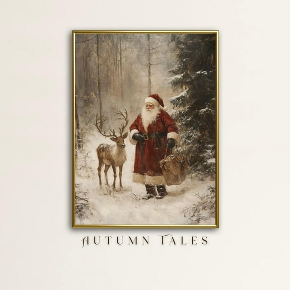 Vintage Santa Wall Art Print, Antique Chrsimas Printable Decor, Moody Snowy Pine Tree Forest and Reindeer Oil Painting, Winter Cottagecore, 16x24 UNFRAMED