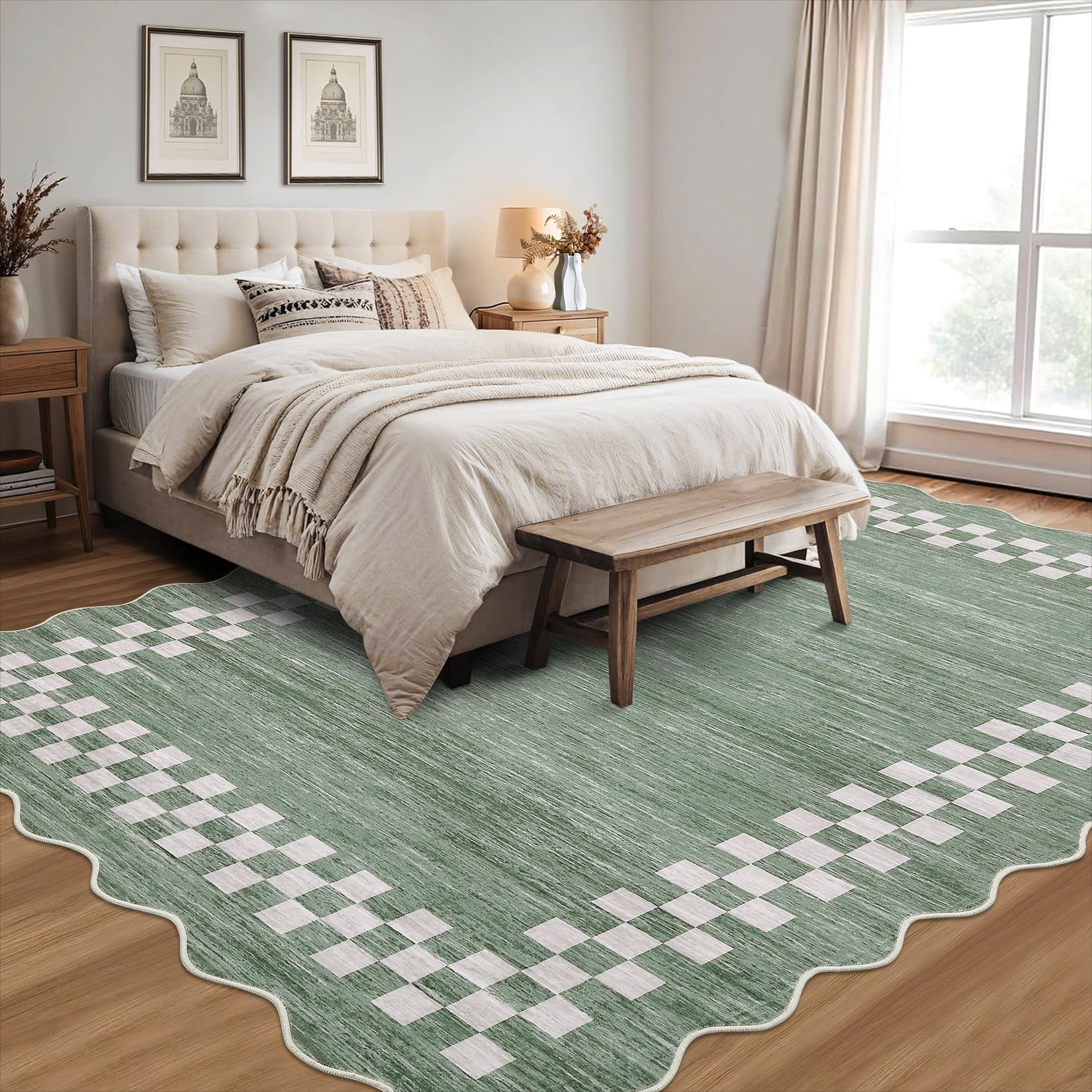 Garvee 8'x10' Scalloped Area Rug, Geometric Neutral Bordered Indoor Rugs Washable Rug Stain-Resistant Low Pile Carpet for Living Room Bedroom Home Decor, Green