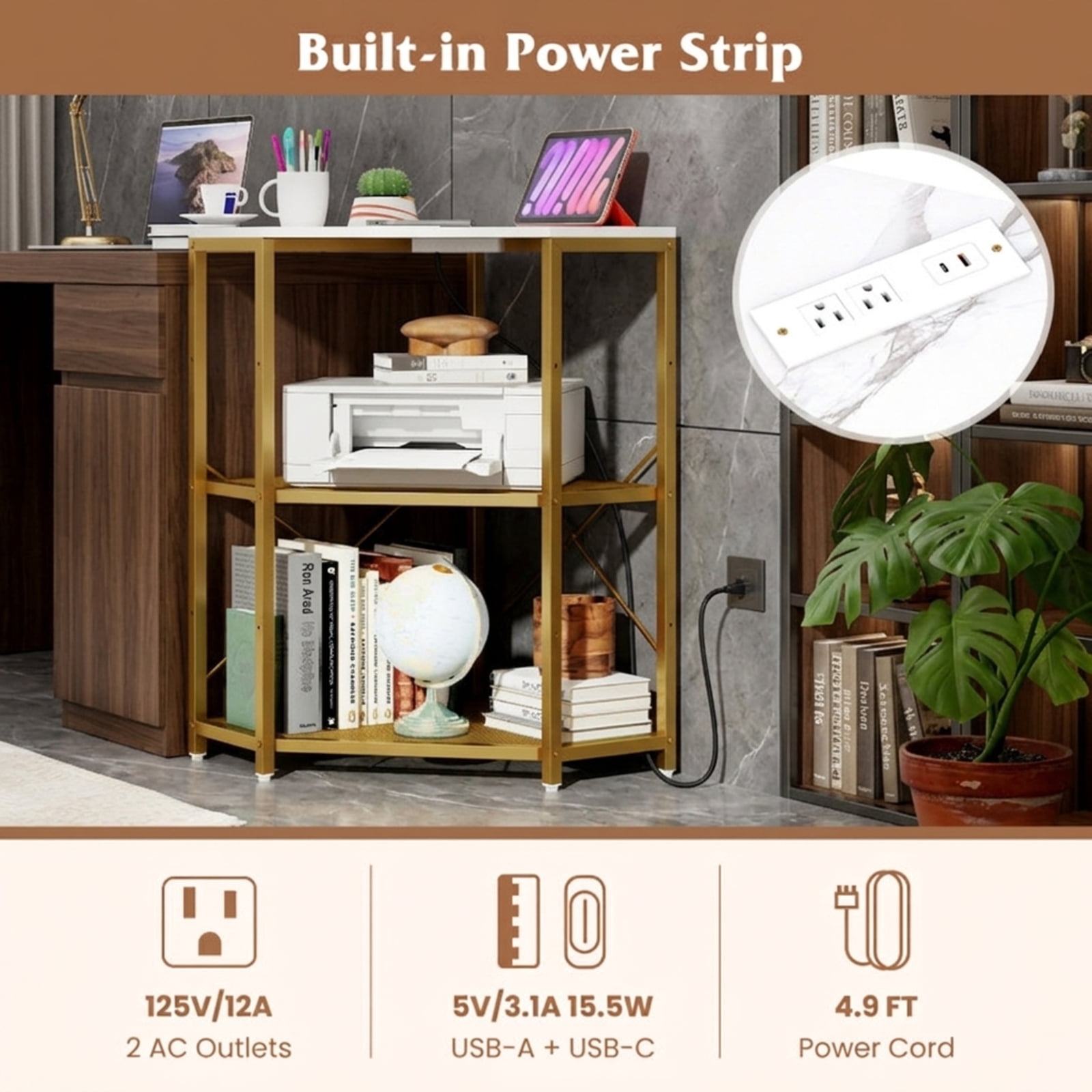 Furnibear Corner Printer Stand with Power Outlet 3-Tier Storage Rack with Adjustable Shelf for Home Office Printer Machine Under Desk Storage, White
