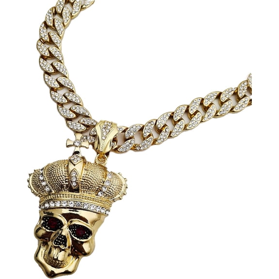 Hip Hop Gold Plated  Cubic Zirconia CROWNED SKULL Pendant & 15mm 24" Iced Cuban Chain Bling Necklace Set
