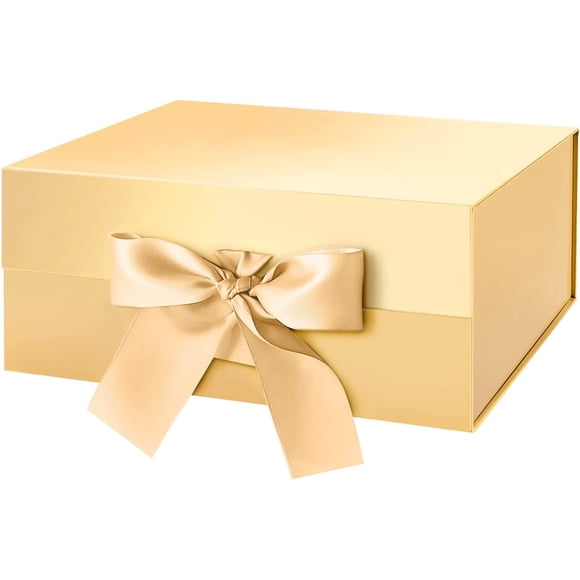 HAPPY POTATO Gift Box with Ribbon 9x6.5x3.8 Inches, Gold Gift Box with Lid and Ribbon, Bridesmaid Proposal Box, Magnetic Gift Box for presents (Glossy Gold)