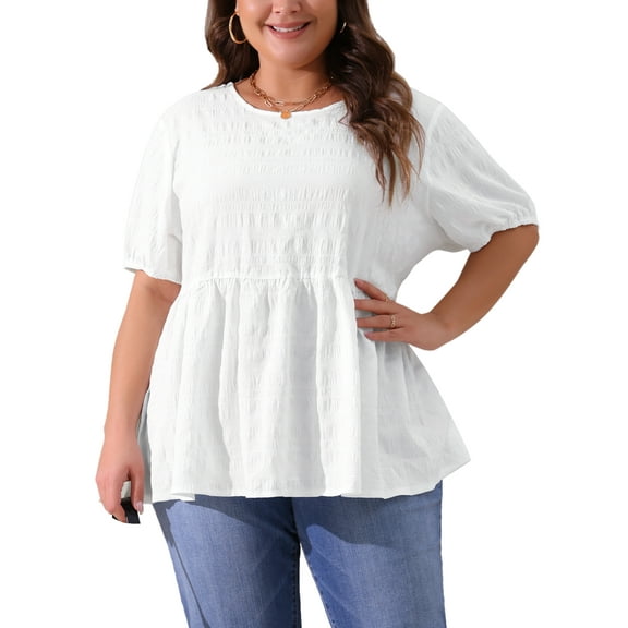 Agnes Orinda Women's Plus Size Babydoll Tops Texture Crew Neck Short Sleeve Flowy Summer Casual Blouse 1X White