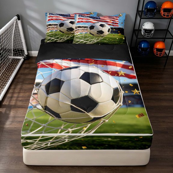 Manfei Sports Football Zipper Twin Comforter Sets with Fitted Sheet and 2 Pillowcases, American Flag Zipper Bedding Set, Red White Green