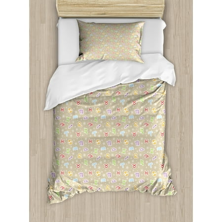 Champagne Colored Bedding Astrology Duvet Cover Set, Doodle Style Pattern with Faded Stars and Lively Colored Horoscope Signs, Decorative Bedding Set with Pillow Shams, Tan Multicolor, by Ambesonne ()