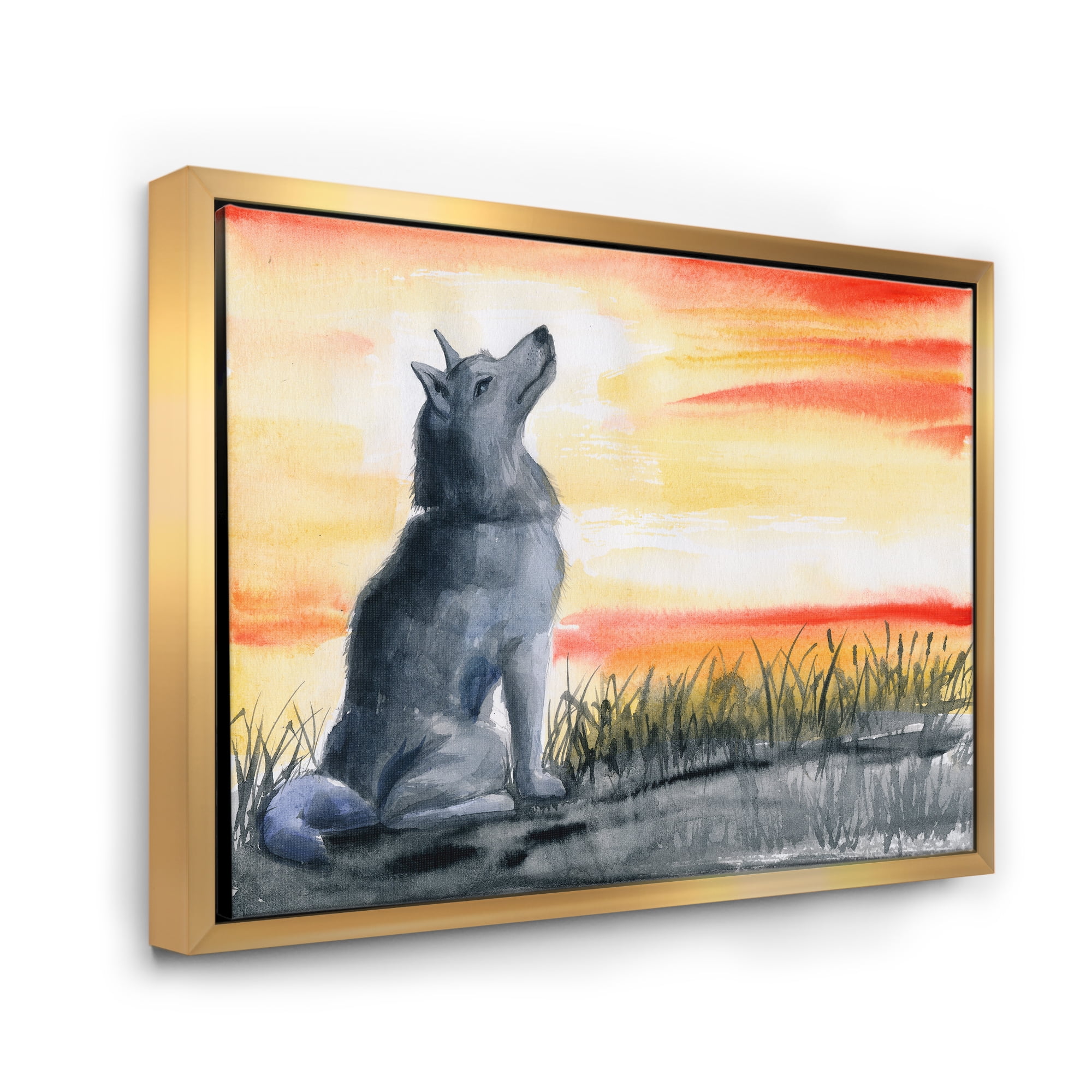 Designart 'Portrait Of Grey Wolf Howling At The Moon' Traditional Framed Canvas Wall Art Print