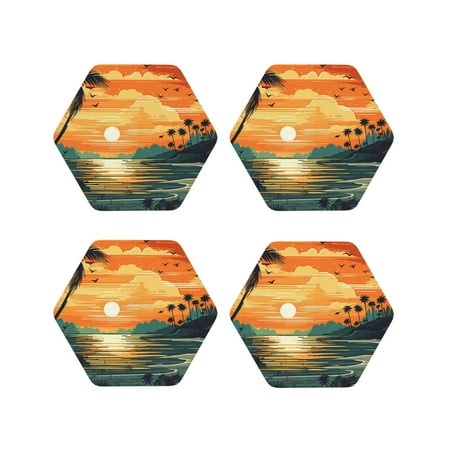 

Honeii Tropical Sunset Paradise Print Leather Coaster Set of 4 Ideal for Safeguarding Your Furniture from Drinks Spills and Effortless Cleanup-Hexagon