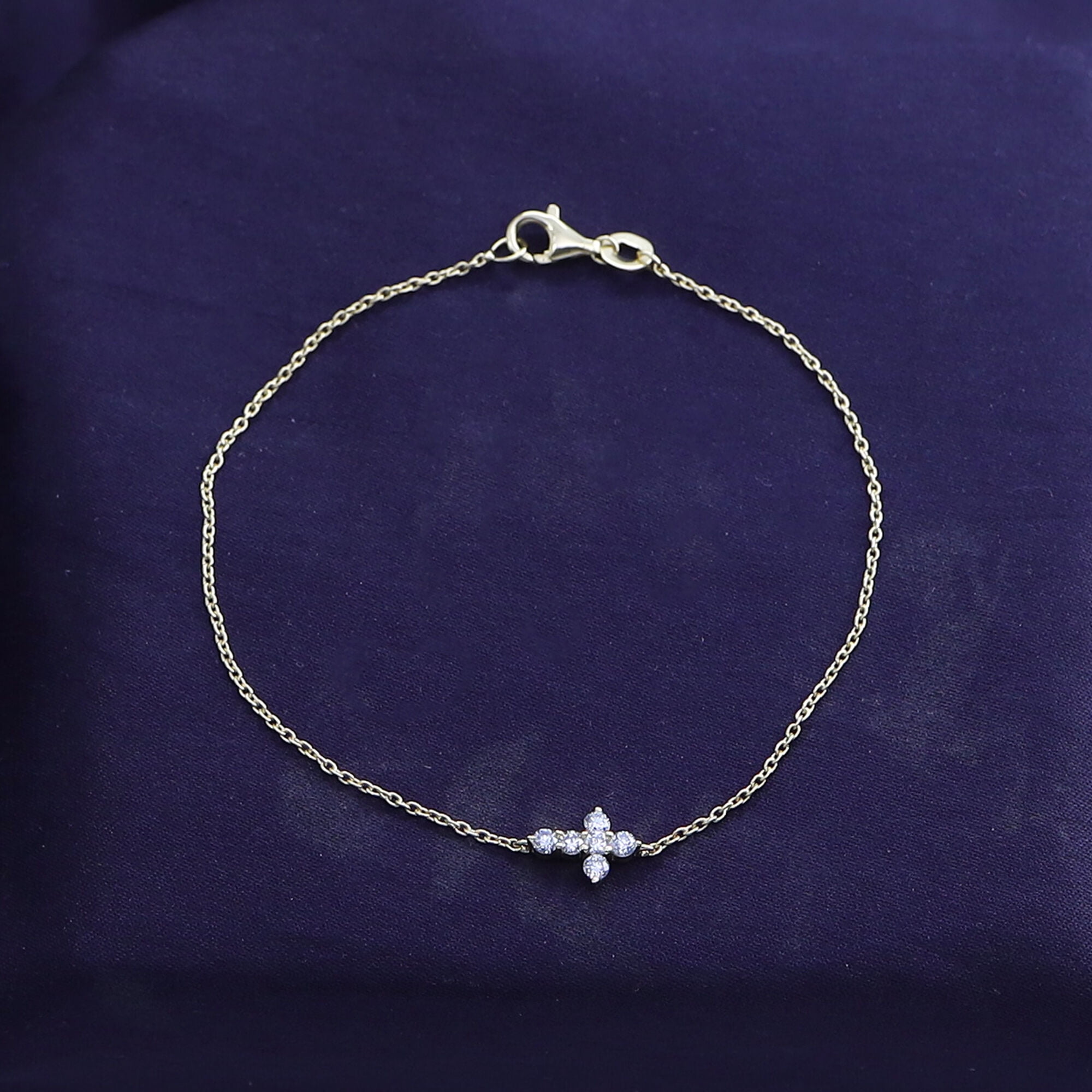 Cross Bracelet for Women | 2MM Round Lab Grown Diamond Charm Link Chain Bracelet | 14K Yellow Gold Over Sterling Silver Christian Religious Jewelry (0.21Ctw)-7.5 Inch