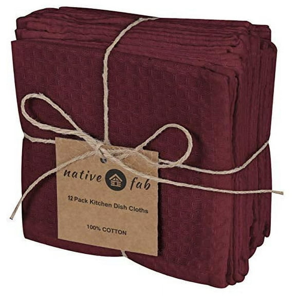 Native Fab Waffle Weave Dishcloths Set, Absorbent Dish Rags, 12"x12", 100% Cotton, 12 Pack, Burgundy