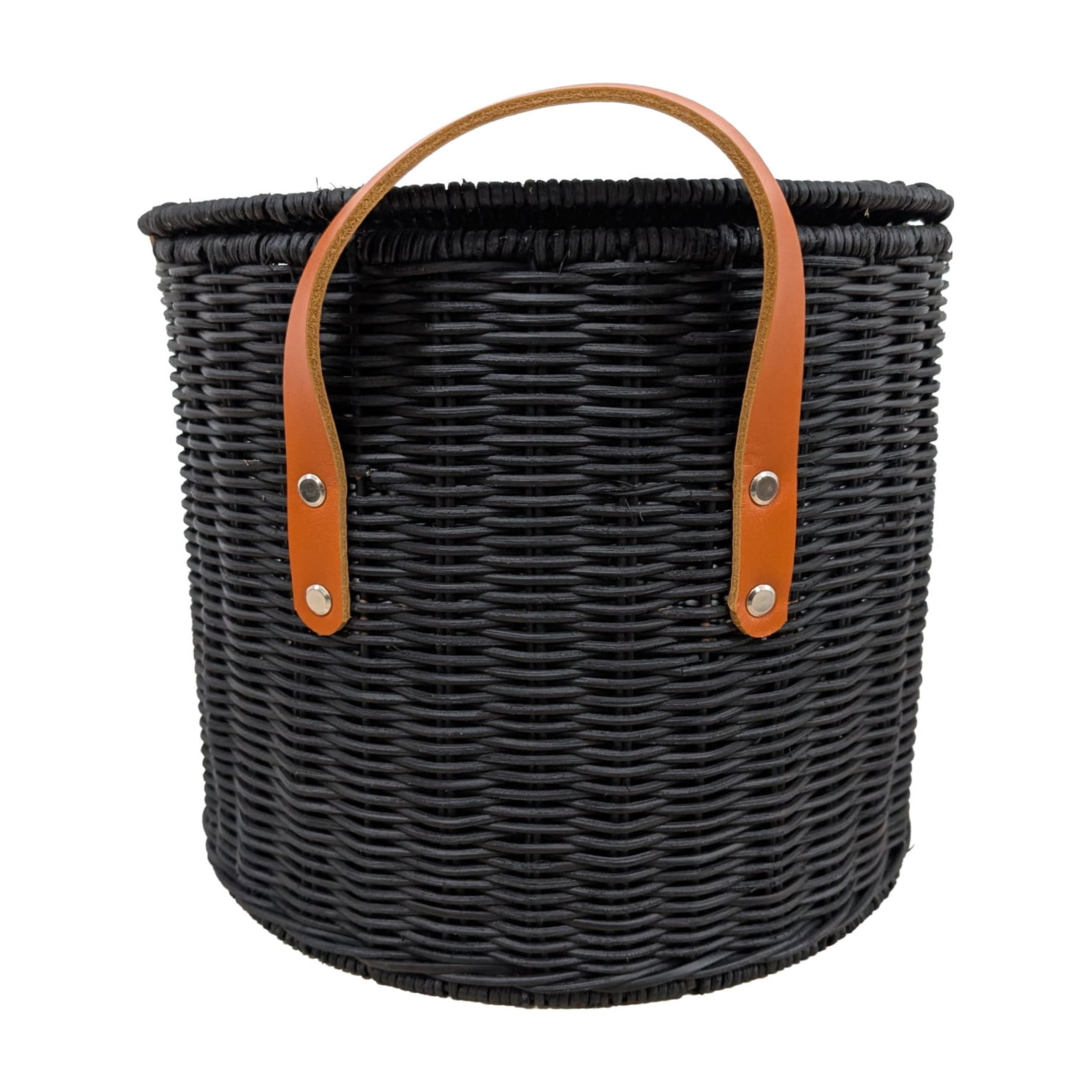 DecMode 16" x 11" Black Rattan Handmade Woven Storage Basket with Brown Leather Handles, 1-Piece
