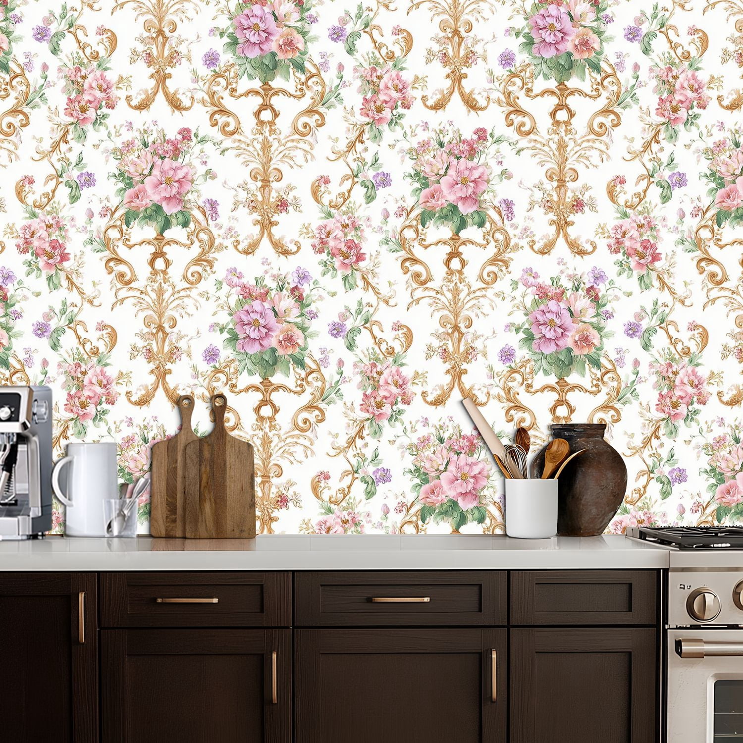 Peel and Stick Wallpaper Vintage Floral Damask Pink Purple Flowers Soft White Wall Mural 17.7in x 9.8ft Self Adhesive Removable Wall Paper Renter Friendly Wallpaper for Nursery Bedroom Cabinets
