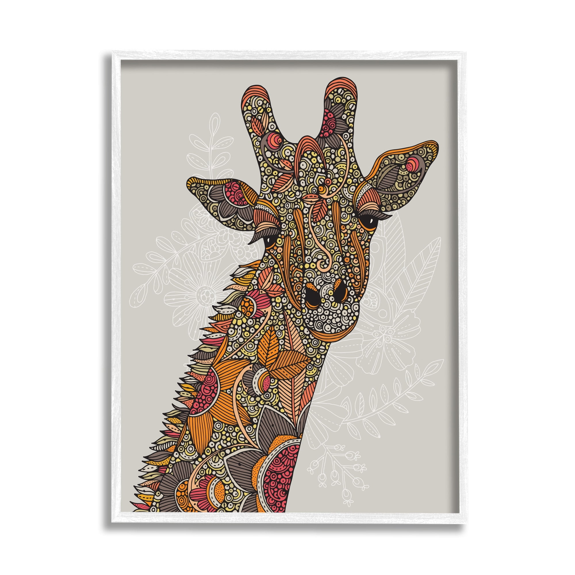 Stupell Industries Pleasant Giraffe Animal Intricate Floral Fractal Details Graphic Art White Framed Art Print Wall Art, Design by Valentina Harper