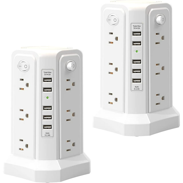 GHSDFBB 2PC Surge Protector Power Strip Tower with Night Light, 12 Wide Outlets with 5 USB Charging Ports, 10FT Extension Cord, Flat Plug, Desk Charging Station for Home Office White