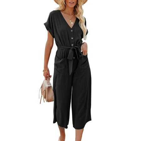

Rompers for women Women s Button Up Jumpsuit Casual Loose Short Sleeve V Neck Rompers With Pockets CHMORA