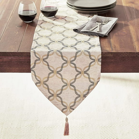 Violet Linen Signature Chenille Diamond pattern, Polyester Chenille Jacquard, with Tassels, Gold, 13 Inch x 70 Inch, Decorative Table Runner