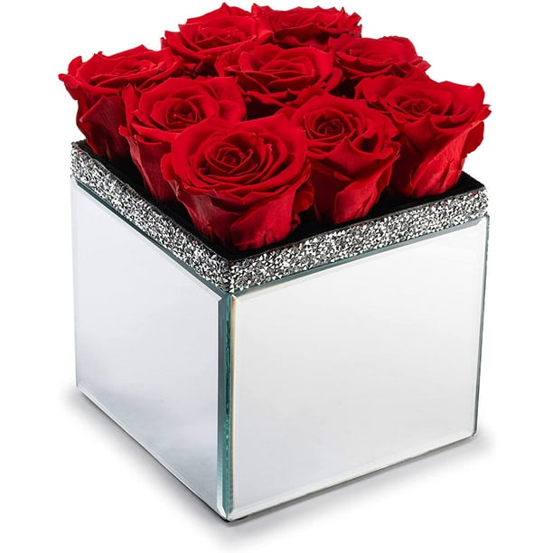 SOHO FLORAL ARTS Large Mirrored Vase Pave Accent Real Roses That