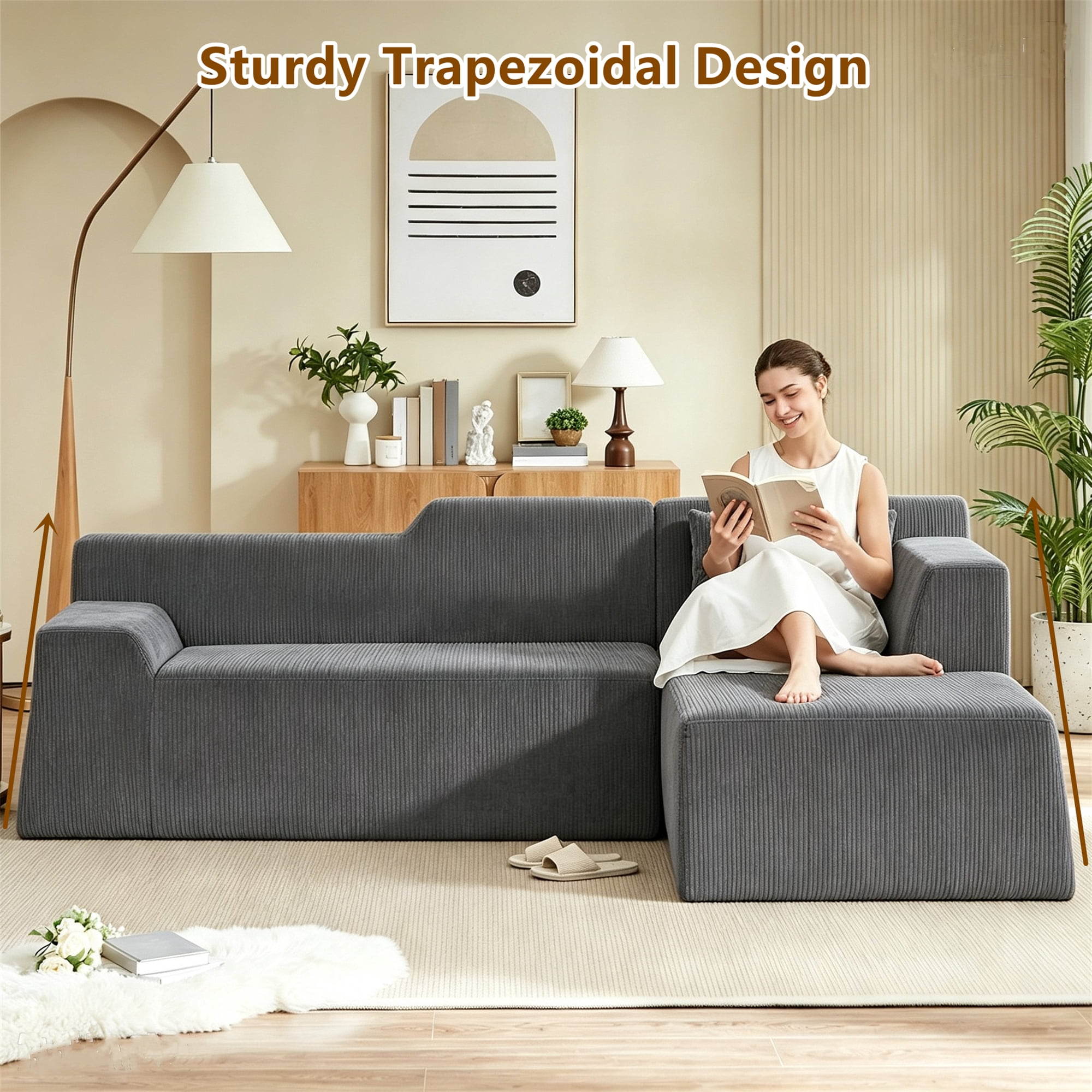 Aukfa 97" Cloud Sectional Sofa Tight Back Boneless Couch Modular L-Shaped Couch, Right Chaise Corduroy Sofa for Living Room, Gray
