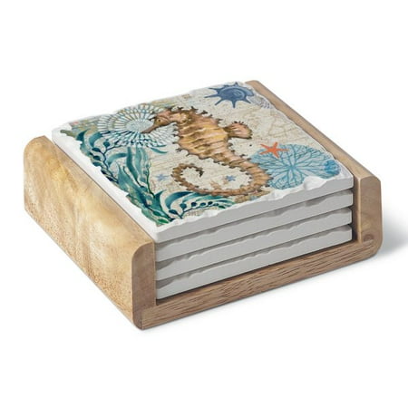 CounterArt Monterey Bay Seahorse 4 Pack Coaster Gift Set 4 inch Single Image Coasters in Wooden Holder