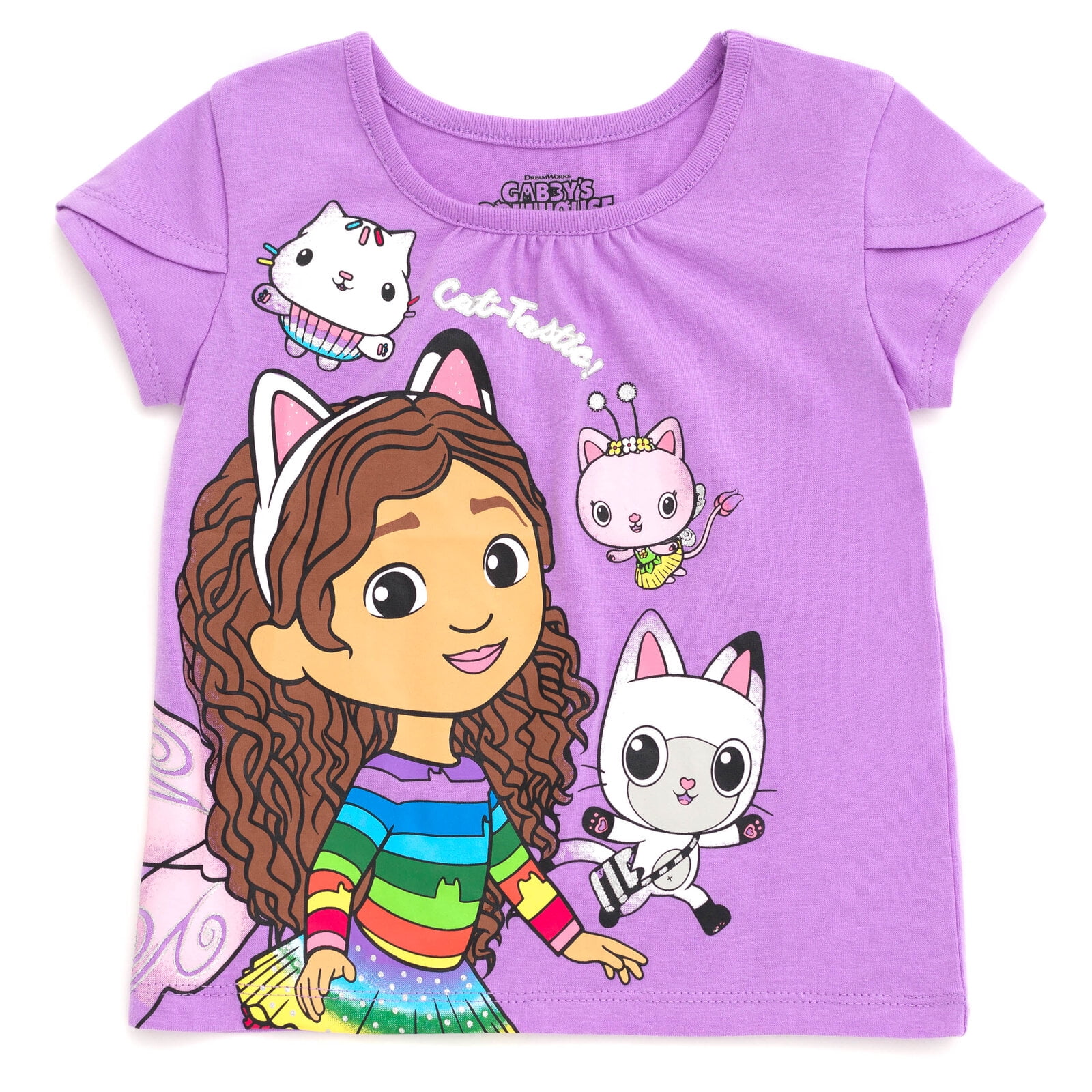Gabby's Dollhouse Pandy Paws Cakey Cat Kitty Fairy Little Girls T-Shirt Mesh Skirt Scrunchie 3 Pc Set Purple Rainbow 6