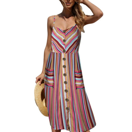 DYMADE Women's Summer Spaghetti Strap Decor Button Pocketed Bohemian Midi Dress