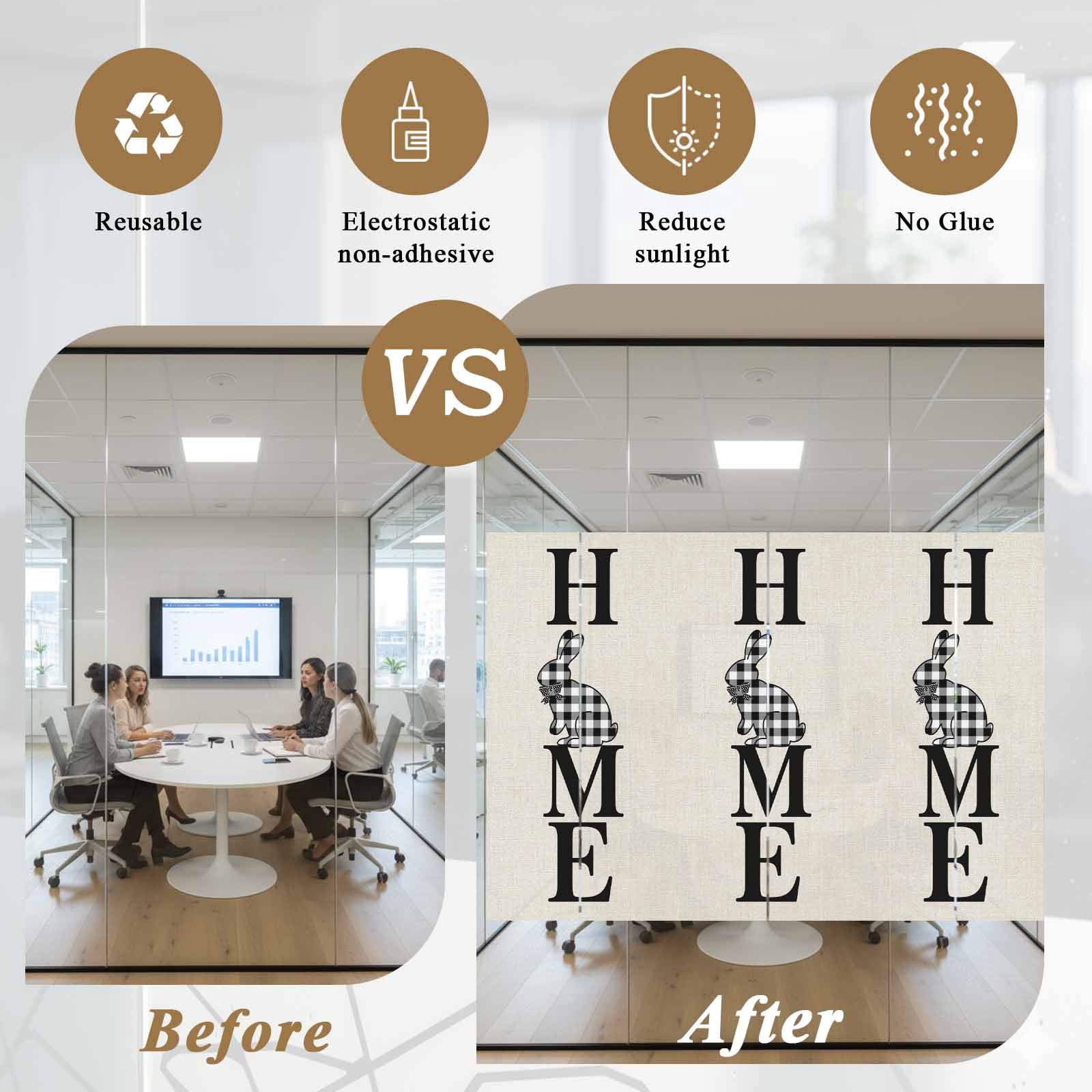 Happy Easter Window Privacy Film, Home Black Buffalo Plaid Rabbit Bowknot Linen Texture Frosted Glass Window Clings Static Cling UV Heat Blocking Reusable Door Sticker for Bathroom 23.6 x 59 Inch