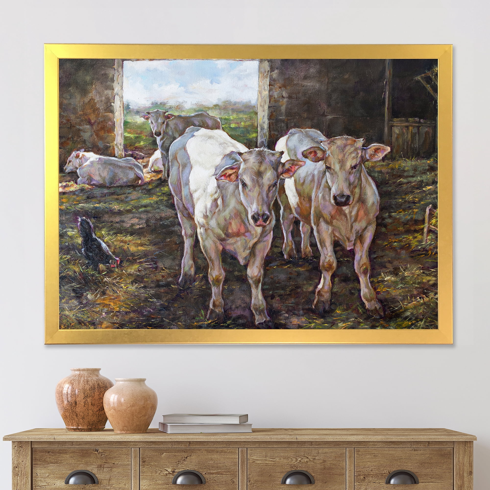 Designart 'The Cows In The Stable In Countryside' Farmhouse Framed Art Print