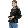 thumbnail image 3 of Women Sparkly Shimmer Glitter Pullover Sweatshirt Long Sleeve Sequin Top With Belt, Black, Medium, 3 of 5