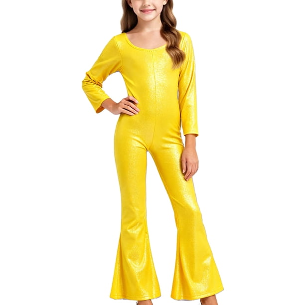 Mono para niños de color sólido con lentejuelas elegantes para fiestas de baile, actuaciones escolares, mangas largas, cuello redondo, pantalones acampanados, ropa combinada para fiestas y festivales,